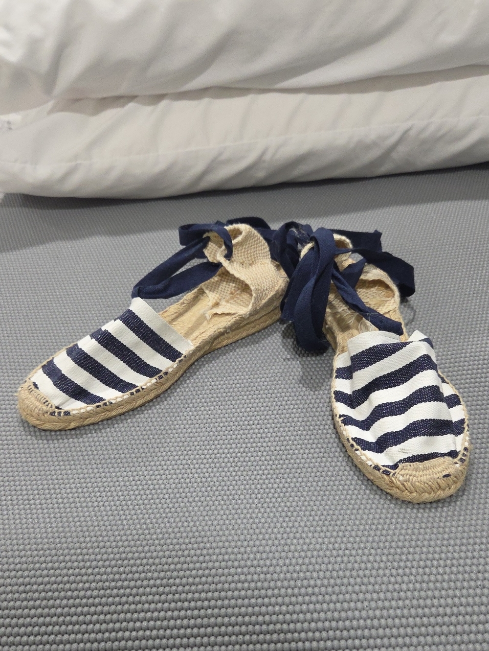 Striped Navy and White Espadrille Lace-Up Flats